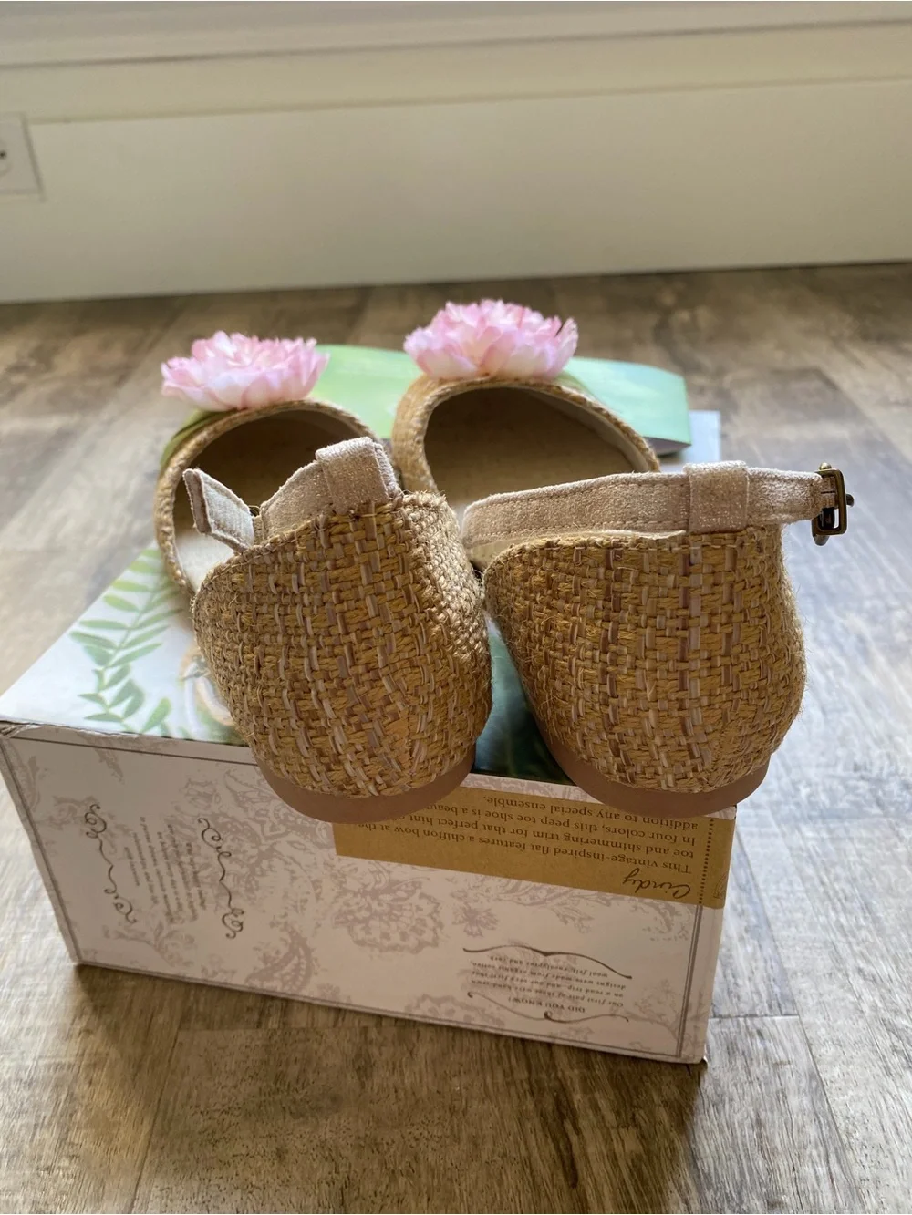 Joyfolie Girls Beige Woven Espadrille Wedges with Pink Floral Pom